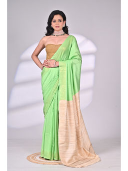 SAANTHA - Green Handloom Tussar Staple Saree with Unstitched Blouse