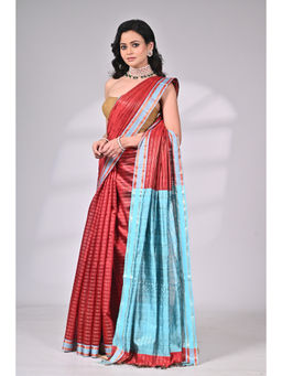 SAANTHA - Red and Blue Handloom Saree with Unstitched Blouse