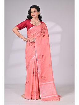 SAANTHA - Peach Linen Embroidery Saree with Unstitched Blouse