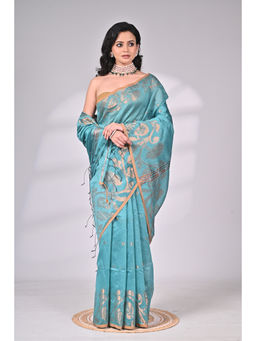 SAANTHA - Aqua Blue Cotton Silk Saree with Unstitched Blouse