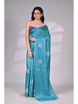SAANTHA - Teal Soft Silk Embroidery Saree with Unstitched Blouse