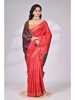 SAANTHA - Red Handloom Dupion Silk Saree with Unstitched Blouse