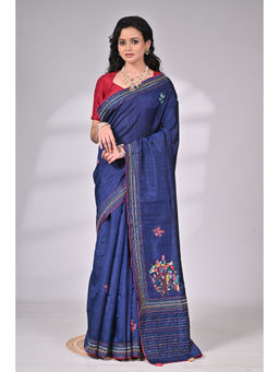 SAANTHA - Navy Blue Semi Tussar Silk Blend Saree with Unstitched Blouse