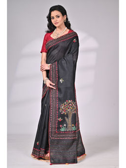 SAANTHA - Black Silk Blend Hand-Embroidered Saree with Unstitched Blouse