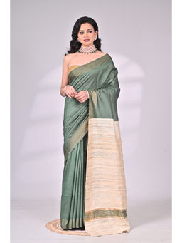 SAANTHA - Green Tussar Staple Handloom Saree with Unstitched Blouse