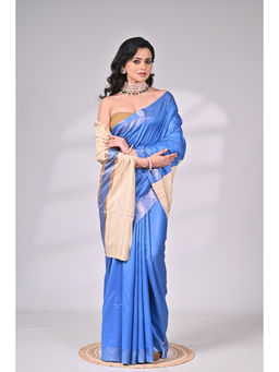 SAANTHA - Blue Handloom Tussar Staple Saree with Unstitched Blouse