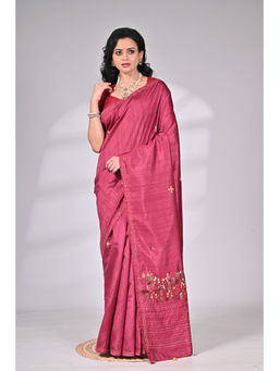 SAANTHA - Wine Silk Blend Hand Embroidery Saree with Unstitched Blouse