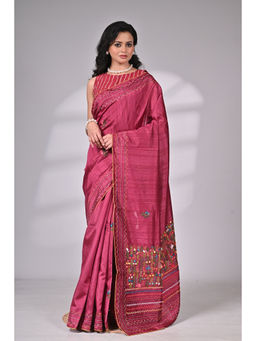 SAANTHA - Wine Silk Blend Hand Embroidery Saree with Unstitched Blouse