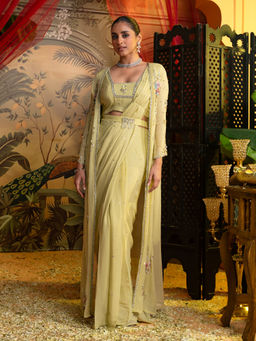 Label S4U - Yellow Georgette Pre-Draped Saree with Stitched Blouse & Jacket