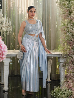 Label S4U - Blue Metallic Imported Pre-Draped Saree with Stitched Blouse