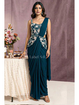 Label S4U - Teal Handwork Crepe Pre-Draped Saree with Stitched Blouse