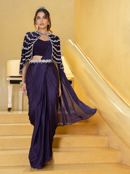 Label S4U - Purple Embellished Pre-Draped Saree with Stitched Saree & Cape and Belt