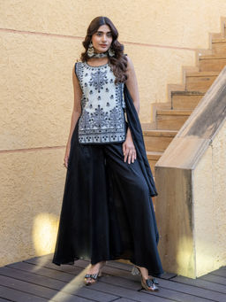 Label S4U - White Printed Floral Kurti with Palazzo & Dupatta