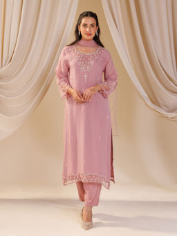 Label S4U - Pink Organza Embellished Kurta with Pant & Dupatta