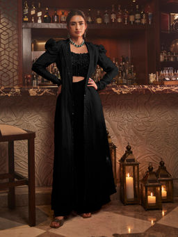 Label S4U - Black Georgette Embellished Bustier with Pant & Jacket