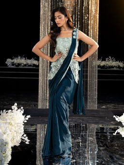 Label S4U - Teal Georgette Pre-Draped Saree with Cutwork Blouse