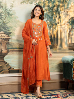Label S4U - Rust Embroidered Anarkali with Pant & Dupatta