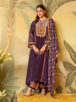 Label S4U - Purple Ethnic Printed Kurta with Pant & Ajrakh Dupatta