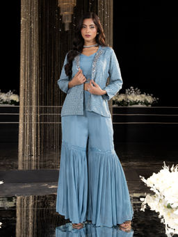 Label S4U - Blue Embellished Bustier with Sharara & Jacket