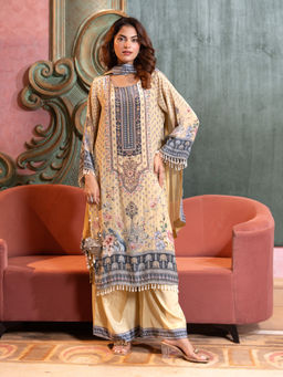 Label S4U - Yellow Floral Printed Kurta with Palazzo & Dupatta