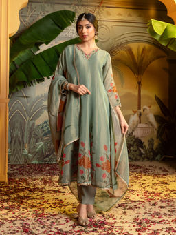 Label S4U - Green Floral Embellished Anarkali with Pant & Dupatta