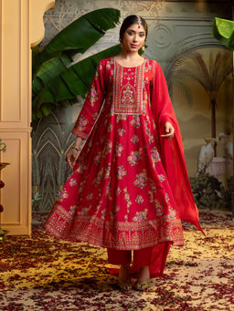 Label S4U - Red Dola Silk Floral Printed Anarkali with Pant & Dupatta