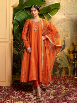 Label S4U - Orange Zari Embellished Anarkali with Pant & Dupatta