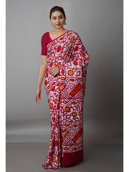 Unnati Silks - Maroon White Pure Batik Kota Cotton Saree with Unstitched Blouse