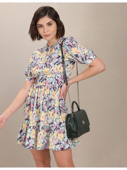 U.S. POLO ASSN. - Multi-Color Puffed Sleeve Floral Fit and Flare Dress