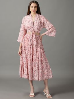 SHOWOFFFF - Womens Peach V-Neck Printed Co-Ord (Set of 2)