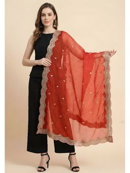MUFFLY - Women Red Lehriya Dupatta with Cutwork Border and Buti Embellishment