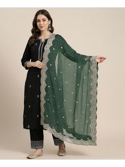 MUFFLY - Women Green Lehriya Dupatta with Cutwork Border and Buti Embellishment