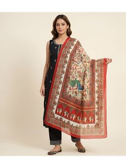 MUFFLY - Women Rust Floral Printed Linen Dupatta with Soft Textured Finish