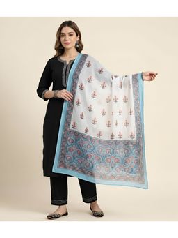 MUFFLY - Women Blue Floral Printed Linen Dupatta with Soft Textured Finish