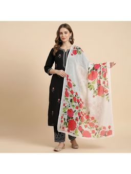 MUFFLY - Women Red Floral Printed Linen Dupatta with Soft Textured Finish
