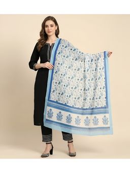 MUFFLY - Women White Floral Printed Linen Dupatta with Soft Textured Finish