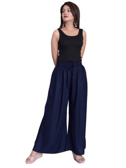 VEDANA - Navy Blue Rayon Solid Flared Palazzo