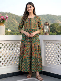 Rangita - Women Multi-Color Cotton Printed Flared Midi Dress