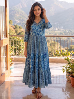 Rangita - Women Blue Cotton Printed Tiered Calf Length Dress