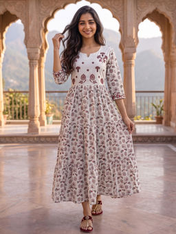 Rangita - Women White Cotton Embroidered Tiered Calf Length Dress