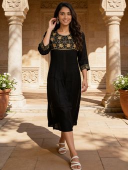 Rangita - Women Black Poly Viscose Embroidered A-Line Midi Dress