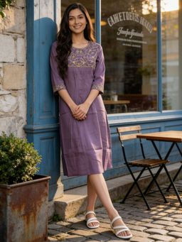 Rangita - Purple Poly Viscose Embroidered A-Line Midi Dress