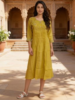 Rangita - Women Yellow Poly Viscose Embroidered A-Line Midi Dress