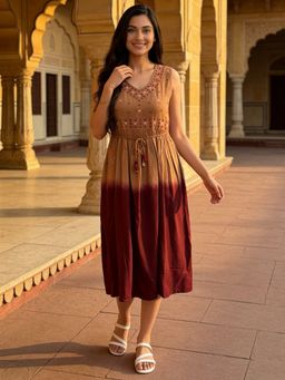 Rangita - Women Brown Rayon Embroidered A-Line Midi Dress