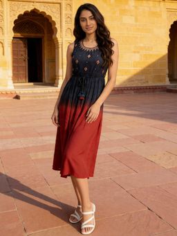Rangita - Women Blue Rayon Embroidered A-Line Midi Dress