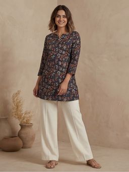 Jaipur Kurti - Blue Printed Cotton Round Neck Kurti