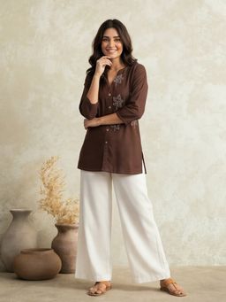 Jaipur Kurti - Brown Printed Cotton Blend V-Neck Kurti