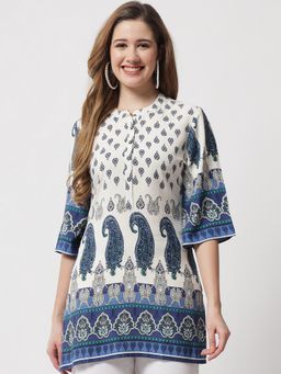 Beatnik - White A-Line Round Neck Three-Fourthth Sleeve Kurti