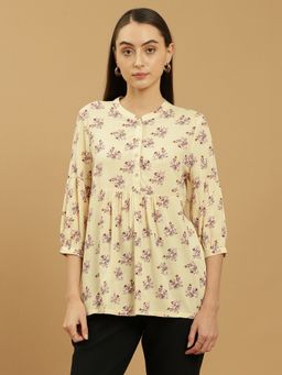 Beatnik - Cream Flared Mandarin Collar Three-Fourthth Sleeve Tunic