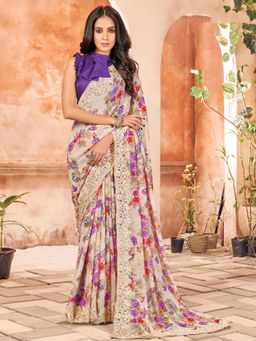EXCLUSIVA - Cream Georgette Saree with Unstitched Blouse
